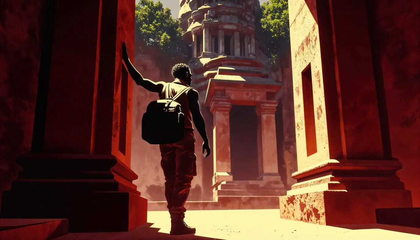 Entdecker steht vor antiken Ruinen.